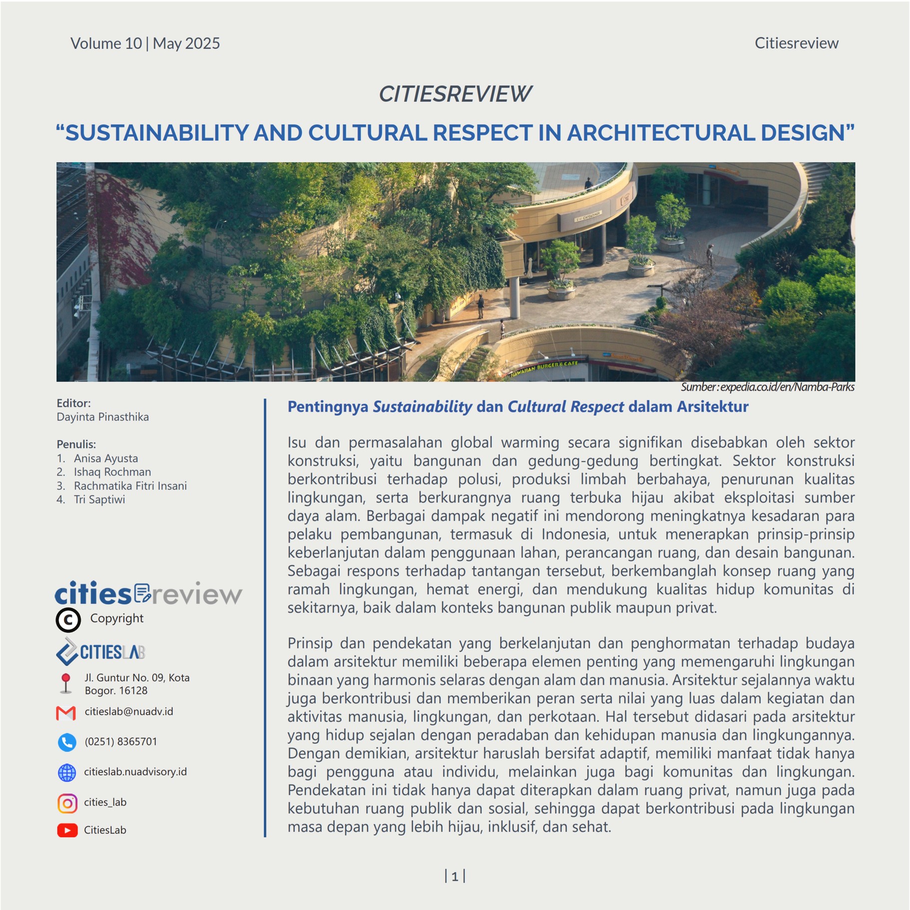 Citiesreview 10: Sustainability and Cultural Respect in Architecture