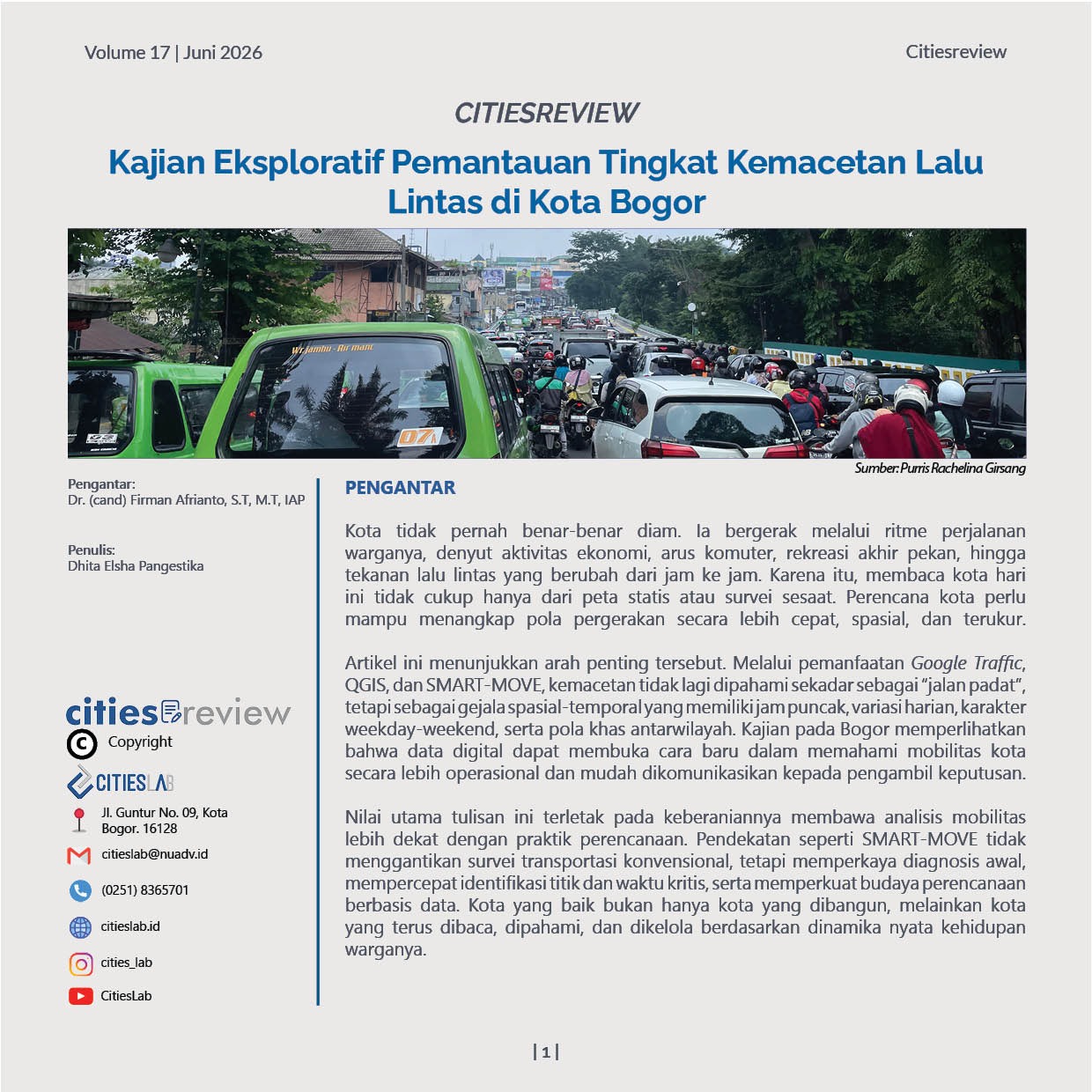 Citiesreview 17: Kajian Eksploratif Pemantauan Tingkat Kemacetan Lalu Lintas di Kota Bogor